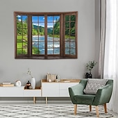 economico arazzo paesaggistico-Arazzo da parete con finta finestra, vista panoramica sul fiume e sulle montagne, paesaggio naturale, perfetto per l'arredamento della casa e per il relax.