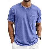 billige grunnleggende t-skjorter-Herre T skjorte 100% bomullssyre-vaskeskjorte Kortermet Crew-hals Sommer Vår Alle årstider Helfarge Enkel Elegant Årgang Nøytral Lomme Plaggfarget Nedtrykt Avslappet Hjem utendørs Lyseblå Svart Brun