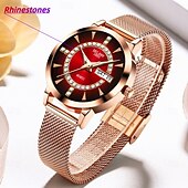 billige Kvartsklokker-Dameklokke i roségull med rød gradert urskive og strass, luksuriøst kvartsarmbåndsur med dagdato og kalendervisning, justerbar nettingrem, elegant motesmykke, gave til mor og kone.