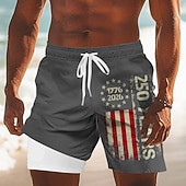  男性用 7月4日 米国建国250周年 米国旗 1776年 裏地付きショートパンツ 2 in 1 スイムショーツ スイムショーツ ミディアムウエスト 愛国 祝日 サイドポケット コンプレッションライナー付き 伸縮性のあるドローストリングウエスト デザイナー 衣類