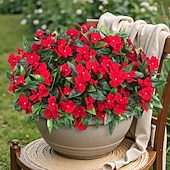 abordables Flores artificiales-6 ramos de flores artificiales de impatiens para decoración de exteriores, ramo de flores de seda, plantas artificiales resistentes a los rayos UV para primavera y verano, jardín, porche, ventana,