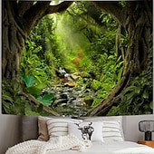 cheap Wall Tapestries-Tropical Jungle Ancient Forest Wall Tapestry Sunbeams Mossy Trees Stream Nature Landscape Wall Hanging Home Decor Living Room Bedroom Office Backdrop Art Mural