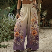voordelige Grafische Broek-Dames Breed Been Broeken Palazzo-broek Vintage Boho Volledige lengte Hoge taille Bloem Elastische taille Opdrukken Ademend Comfortabel Straat Alledaagse kleding Uitgaan Licht Paars Oranje Groen Beige