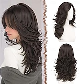 お買い得  トレンドの合成ウィッグ-女性用、ダーティブロンドのウェーブのかかったレイヤードウィッグ、カーテンバング付き、長さ22インチの合成繊維製、自然な見た目のセンターパートウィッグ、コスチュームパーティーや普段使いに最適