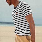 preiswerte Basic-T-Shirts-Herren T Shirt Kurzarmshirt T-Shirt Kurzarm Rundhalsausschnitt Sommer Frühling Gestreift Horizontale Streifen Mode Streetwear Stilvoll Patchwork Farbblock Streifen Lässig Täglich Outdoor Schwarz Rote