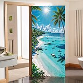 cheap Garage &amp; Door Banners-Scenic Coastal Sea View Sailboat Yacht on Turquoise Water with Rocky Cliff and White Flowers Beach Door Banner Cover Wall Tapestry for Home Interior Wall Decoration Front Door Entryway