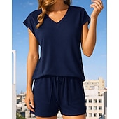 abordables Chándales-Mujer Conjuntos de chándal tipo jersey Chándal de 2 piezas Pantalones cortos deportivos Correa con bolsillo Color sólido Conjunto de ropa deportiva Verano Primavera Caqui Negro Entrenamiento de