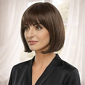 Недорогие старший парик-Элегантный парик-каре для женщин — гладкий темно-коричневый с естественной челкой.