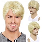 abordables Mens Wigs-Mens Blonde Wig Short Straight Natural Fluffy Layered Synthetic Hair Wigs for Men Guy Daily Wear Anime Costume