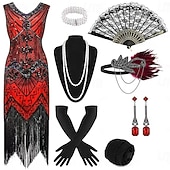economico Abiti degli anni '20-Set Anni Ruggenti Anni 1920 Lunghezza al ginocchio Vestito Abito Flapper Abiti con accessori Senza maniche Il grande Gatsby Charleston Invitato al matrimonio Paillettes Frangia con nappe Piuma Scollo