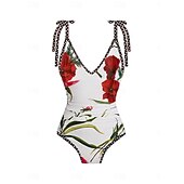 cheap One-piece swimsuits-Women's Swimwear One Piece Tankini Monokini Skirt Swimsuit Tummy Control High Waist Slim Backless Elegant Vacation Floral V Neck Sleeveless Bathing Suits