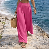 cheap Wide Leg &amp; High Waisted-Women's Trousers Casual Pants Summer Pants Beach Pants Vacation Fashion Casual Daily Full Length Mid Waist Solid Color Plain Wide Leg Comfort Soft Breathable Inelastic Streetwear Beach Holiday Blue
