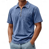 halpa Miesten klassinen poolopaita-SoftFade™ Miesten Vetoketjullinen Polo 100% Puuvillaa Happopesu Paita Rentoa Päivittäinen Käyttö Neljännes Vetoketju Lyhythihainen Muoti Perus Yksinkertainen Denim Tasku Haalistunut Kesä Kevät