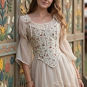 billige Topper-Kostymer i middelalderstil Renessanse Cottagecore Korsett Bodice Viking Bonde Blondér Blomstret Kostyme Dame Keltisk fantasi Halloween Karneval Ytelse LARP Ren Faire Voksne Korsett
