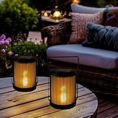 abordables Luces de camino y linternas-2 linternas solares de hierro para exteriores con forma de llama, resistentes al agua IP65, portátiles. &amp;Lámparas LED colgantes para jardín, patio, valla, escalera, escalones, césped, camino, villa,