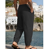 baratos Feriado-Homens Calças de linho Calça verão Calças de praia Com Cordão Bolsos Tecido Confortável Respirável Comprimento total Diário Casa Ao ar livre Férias Simples Preto Branco Sem Elasticidade