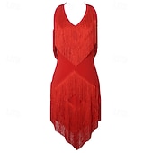 Недорогие Платья для практики-красное платье для сальсы с V-образным вырезом и бахромой