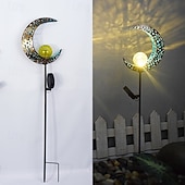 abordables Éclairages pour allées-lampes solaires de jardin décoratives d'extérieur, soleil &amp;Lampe à piquer en métal avec globe en verre craquelé effet lune, lumière LED blanc chaud étanche, décoration pour allée, pelouse, terrasse,