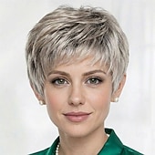 baratos peruca mais velha-Peruca curta e elegante para mulheres - corte pixie loiro suave com camadas delicadas