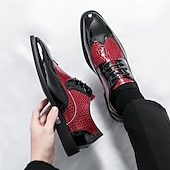 levne Brogue boty-Pánské červeno-černé oxfordské boty s krokodýlím vzorem, šněrovací lakované kožené společenské boty, módní společenská obuv na svatby, bankety, večírky, maturitní plesy, divadelní vystoupení a výrazné večerní nošení.