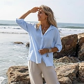 abordables Camisas-Camisa de mujer color liso elegante casual manga larga cuello regular tops diario vacaciones botones azul blanco amarillo rosa verano primavera