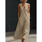  abito lungo da donna in cotone e lino, prendisole, abito a trapezio, abito svasato, vacanza, casual, boho, quotidiano, spiaggia, festa, vestibilità ampia, tinta unita, senza maniche, scollo a V, nero,