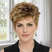 baratos peruca mais velha-Peruca pixie espetada e elegante para mulheres - loira texturizada com volume total