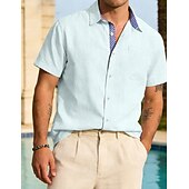 abordables Clásico-Hombre Camisa Camisa de lino Abotonar la camisa Plano Vacaciones Calle Negro Blanco Caqui Gris Oscuro Manga Corta Cuello Camisero Verano Primavera Ropa Bolsillo