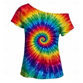 cheap Tops-Retro Vintage 1980s T-shirt One Shoulder Short Sleeves Hippie Disco Tie Dye Print Fancy Dress Women's Unisex Halloween Carnival Casual Music Festival Retro Theme Party Adults Adults' T-shirt Summer
