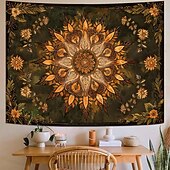 baratos Tapeçarias de Parede-Tapeçaria de parede mandala boêmia em tons de laranja queimado, com intrincado medalhão floral, arte étnica tribal boho para decoração de casa, sala de estar, quarto ou escritório.