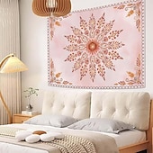 cheap Wall Tapestries-Pink Floral Mandala Soft Orange Botanical Wall Tapestry Intricate Circular Pattern Leaves Vines Watercolor Art Wall Hanging for Bedroom Living Room Dorm Decor Yoga Meditation Backdrop
