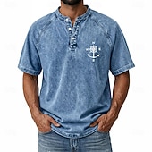 abordables Винтаж и ретро-SoftFade™ Men's Demin Shirt 100% Cotton Acid Wash Shirt Henley Top Short Sleeve Vintage Distressed Casual Home Street Summer Spring Black Pink Light Green Gray Light Blue Stand Collar Henley