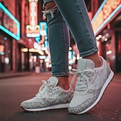 tanie Trampki damskie-damskie srebrne trampki z brokatem, siateczka, sznurowane, z wygodną podeszwą