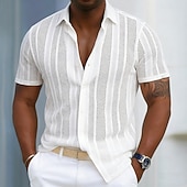 preiswerte Herrenhemd zum Knöpfen-Herren Hemd Sommerhemd Knopfhemd Jacquard-Hemd Strickjacke Schwarz Weiß Kurzarm Texture Mode Revers Lässig Heim Loch Bekleidung Modern Moderne zeitgenössische Lässig