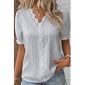  Pentru femei Tricou Tee Top Dantelă Peteci Simplu Modă Stilat Clasic Manșon scurt În V Topuri obișnuite Zilnic Ieșire Sfârșit de săptămână Negru Alb Galben Albastru celest Mov Vară Primăvară