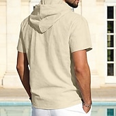 cheap Classic-Men's Shirt Linen Shirt Button Up Shirt Solid Color Casual Beach Black White Navy Blue Khaki Short Sleeve Hoodie Summer Spring Clothing Apparel Buttons