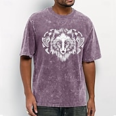  Men's Detailed Wolf Head Viking Axes Shield Emblem Acid Wash Vintage Streetwear T Shirt Graphic Short Sleeve Crew Neck Casual Daily Wear Designer Clothing Apparel S M L XL XXL XXXL