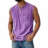 Χαμηλού Κόστους Αμάνικα Μπλουζάκια Γυμναστικής-Ανδρικό vintage γιλέκο 100% βαμβάκι, αμάνικο πουκάμισο Henley, καλοκαιρινό, φθινόπωρο, απλό, σχεδιαστής μόδας, κλασικό, διακοπές, δρόμος, μαύρο, ροζ, μπλε, μπλουζάκι για άνδρες