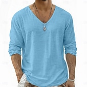 Недорогие Хлопковые Льняные Футболки-Муж. Футболка Футболка из льна Длинный рукав V-образный вырез Лето Весна Весна лето Сплошной цвет Полотняное плетение Повседневные На каждый день Уличный стиль Гладкая ткань