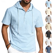 cheap Classic-Men's Shirt Linen Shirt Button Up Shirt Solid Color Casual Beach Black White Navy Blue Khaki Short Sleeve Hoodie Summer Spring Clothing Apparel Buttons