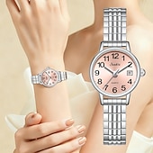 abordables Montres à quartz-Montre femme avec bracelet élastique en acier, montre à quartz facile à lire avec cadran rose et affichage de la date, bracelet extensible en acier inoxydable, cadeau idéal pour femme ou jeune fille,