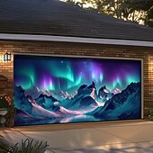 cheap Garage &amp; Door Banners-Northern Lights Aurora Borealis Winter Mountain Snowy Pine Forest Starry Night Sky Frozen River Garage Door Banner Outdoor Wall Decor Holiday Mural Christmas Decoration Backdrop