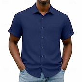 cheap Men's Smart Casual Shirts-Men's Shirt Casual Shirt Button Up Shirt Blue Black White Burgundy Navy Blue Short Sleeve Plain Shirt Collar Casual Daily Front Pocket Clothing Apparel Elegant Fashion Casual