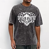  Men's Detailed Wolf Head Viking Axes Shield Emblem Acid Wash Vintage Streetwear T Shirt Graphic Short Sleeve Crew Neck Casual Daily Wear Designer Clothing Apparel S M L XL XXL XXXL