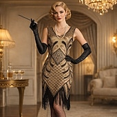 economico Abiti degli anni '20-Set Anni Ruggenti Anni 1920 Lunghezza al ginocchio Vestito Abito Flapper Abiti con accessori Senza maniche Il grande Gatsby Charleston Taglie Forti Frangia con nappe Scollo a V Costume Per donna