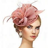 baratos Fascinadores-Fascinadores Linho Casamento Aniversário Vintage Estilo bonito Retro Com Penas Capacete Chapéu