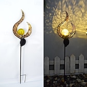 abordables Éclairages pour allées-lampes solaires de jardin décoratives d'extérieur, soleil &amp;Lampe à piquer en métal avec globe en verre craquelé effet lune, lumière LED blanc chaud étanche, décoration pour allée, pelouse, terrasse,