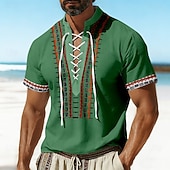 tanie Wzór etniczny-Męskie Wzór geometryczny Etnické Koszula Koszula piracka z sznurowaniem Koszule typu pullover Krótkie rękawy Vintage Retro Codzienne wakacje na plaży Lato Wiosna Kołnierz stawiany Druk 3D