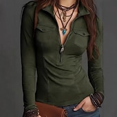 abordables Blusas Sencillas-Mujer Camisa Blusa Cremallera Plano Clásico Retro Antiguo Moderno Manga Larga Escote Chino Tops regulares Diario Festivos Noche Verde Ejército Marrón claro Marrón Verano Primavera