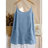 baratos Blusas Simples-Regata feminina com bolso, lisa, moderna, elegante, clássica, sem mangas, gola redonda, ideal para uso diário, passeios e fins de semana. Cores: azul, preta, branca, amarela, rosa. Verão e primavera.